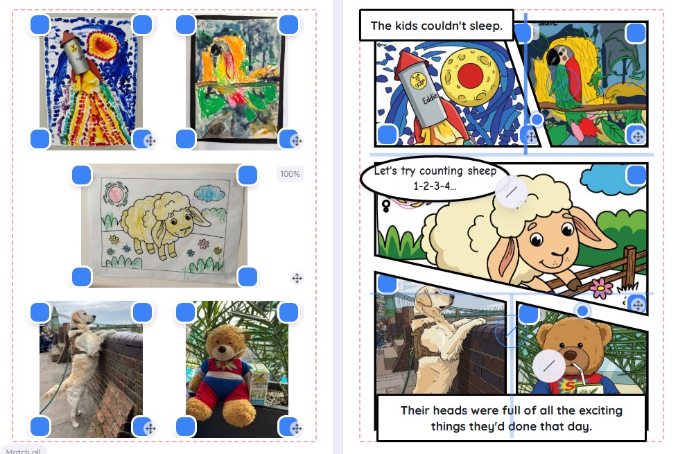 Children's drawings turned into a comic page